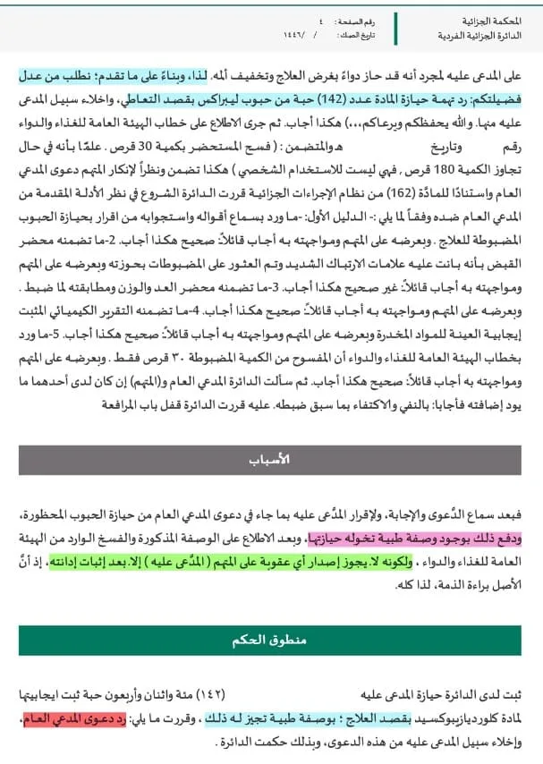 حكم البراءة للحيازة بغرض العلاج وليس التعاطي